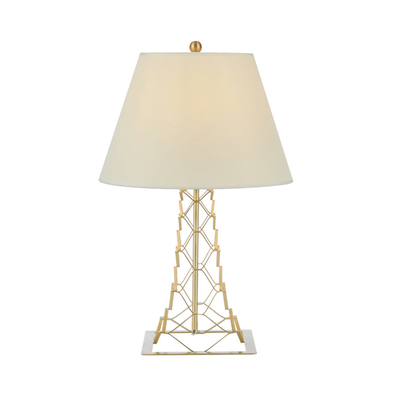 Tower-Like Frame Table Lighting Modern Metal 1-Bulb Gold Finish Night Lamp with Conic White Fabric Shade