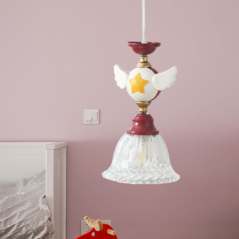 Bell Clear Glass Drop Lamp Cartoon 1-Head Red Down Lighting Pendant with Globe/Bird Design for Bedroom