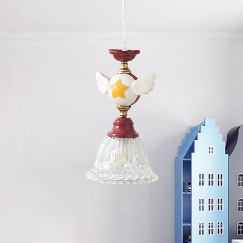 Bell Clear Glass Drop Lamp Cartoon 1-Head Red Down Lighting Pendant with Globe/Bird Design for Bedroom