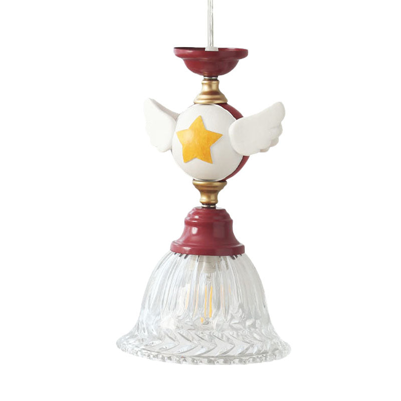 Bell Clear Glass Drop Lamp Cartoon 1-Head Red Down Lighting Pendant with Globe/Bird Design for Bedroom