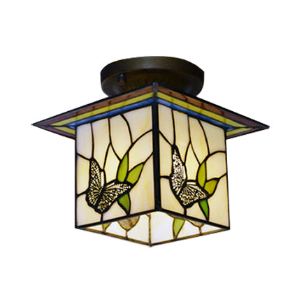 1 Light Butterfly Flush Light Mission Lodge Stained Glass Flush Mount Light for Corridor