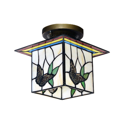 1 Light Butterfly Flush Light Mission Lodge Stained Glass Flush Mount Light for Corridor