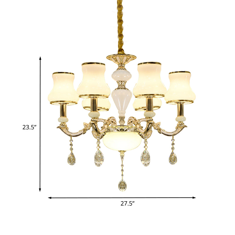 Milk Glass Gold Ceiling Chandelier Curved Arm 6 Lights Contemporary Crystal Pendant Lighting