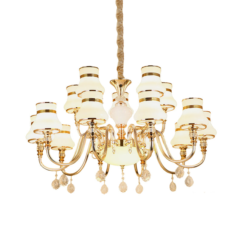 Simple Curvy Arm Suspension Lamp 15 Bulbs Opal Glass Crystal Chandelier Lighting in Gold