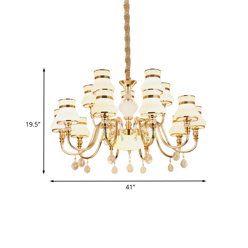 Simple Curvy Arm Suspension Lamp 15 Bulbs Opal Glass Crystal Chandelier Lighting in Gold