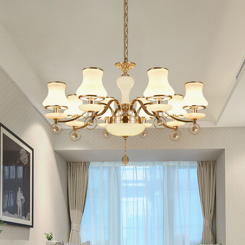 Champagne 8 Heads Chandelier Modernist White Glass Flared Crystal Ceiling Suspension Lamp