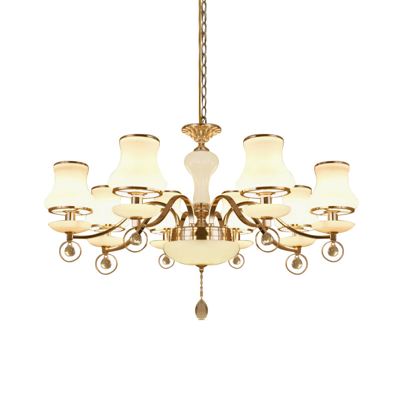 Champagne 8 Heads Chandelier Modernist White Glass Flared Crystal Ceiling Suspension Lamp