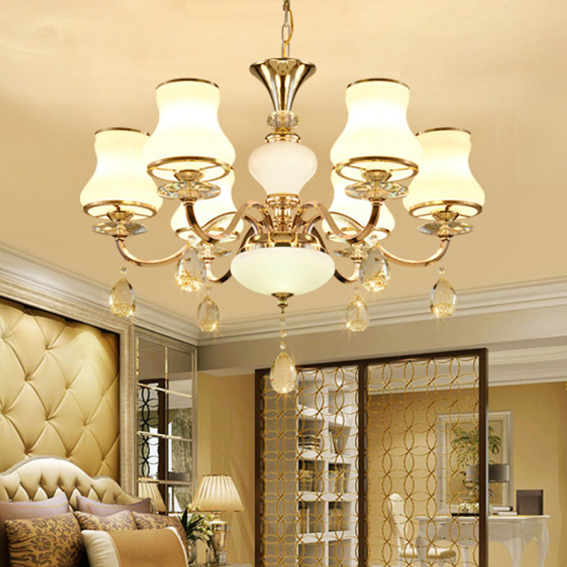 Champagne Bell Hanging Chandelier Simple Opal Glass 6-Light Bedroom Crystal Ceiling Light