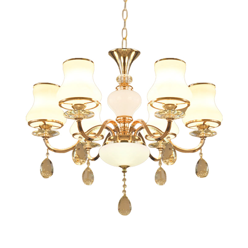 Champagne Bell Hanging Chandelier Simple Opal Glass 6-Light Bedroom Crystal Ceiling Light