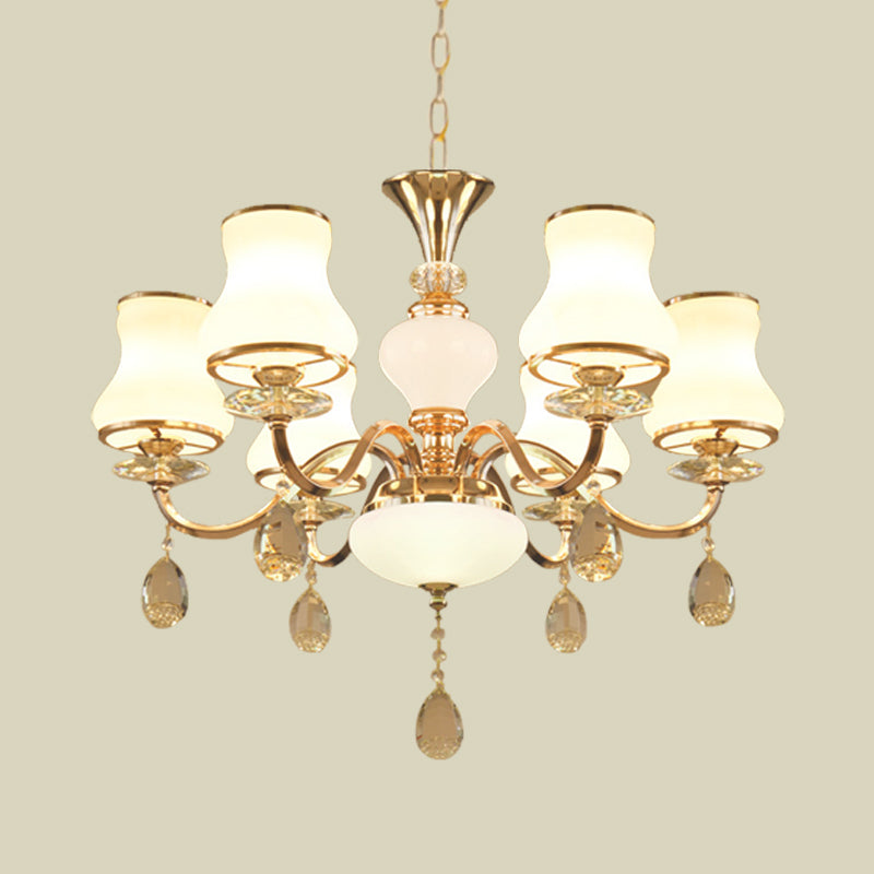 Champagne Bell Hanging Chandelier Simple Opal Glass 6-Light Bedroom Crystal Ceiling Light