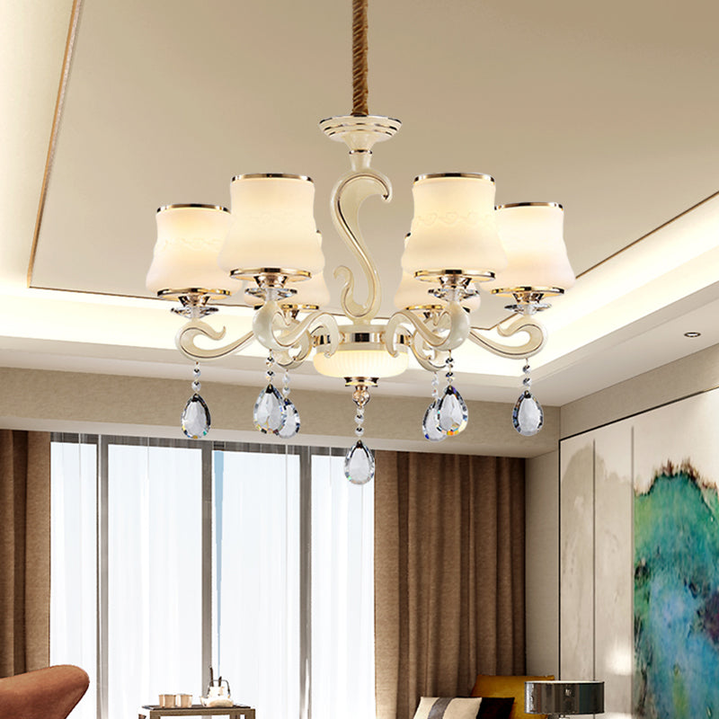 Beige 6-Light Ceiling Lamp Minimalist Cream Glass Bell Crystal Chandelier Pendant Light