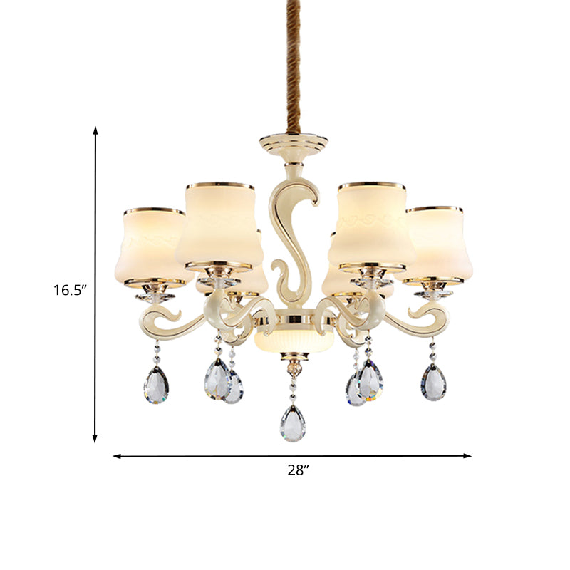 Beige 6-Light Ceiling Lamp Minimalist Cream Glass Bell Crystal Chandelier Pendant Light