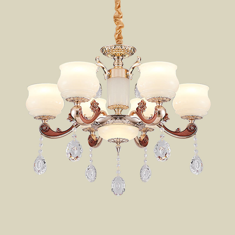 Simplicity Bud Pendant Lighting 6 Bulbs Milk Glass Crystal Chandelier Light Fixture in Champagne