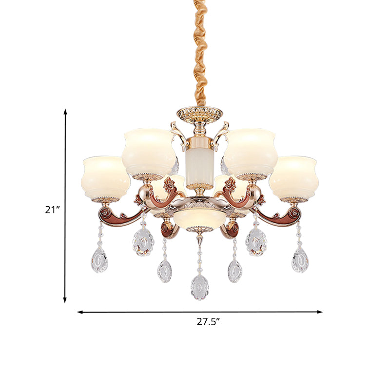 Simplicity Bud Pendant Lighting 6 Bulbs Milk Glass Crystal Chandelier Light Fixture in Champagne