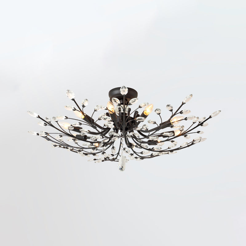 Branch Beveled Crystal Semi Flush Minimalism 10 Heads Living Room Flush Mount in Black