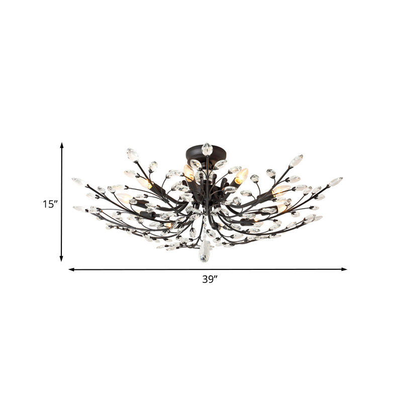 Branch Beveled Crystal Semi Flush Minimalism 10 Heads Living Room Flush Mount in Black