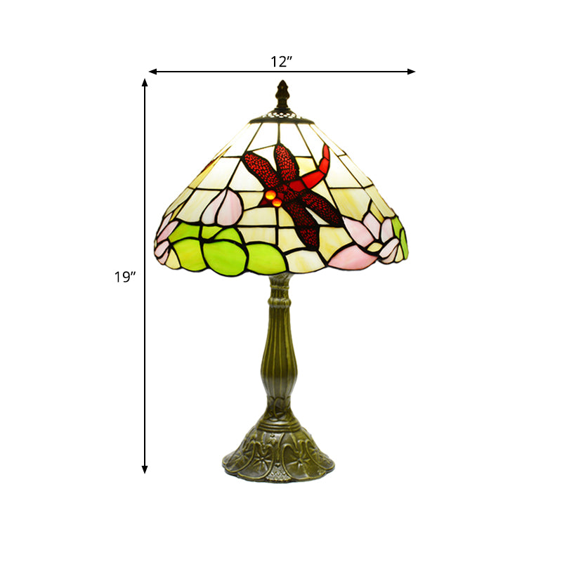 Handcrafted Stained Glass Cone Night Lamp Tiffany 1 Light Bronze Finish Table Lighting with Dragonfly and Lotus Pattern