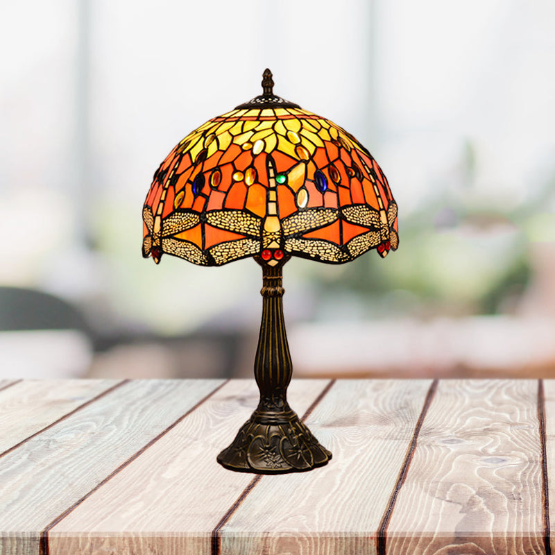 Dragonfly Table Light 1-Head Stained Art Glass Tiffany Night Lamp in White/Yellow/Orange for Living Room