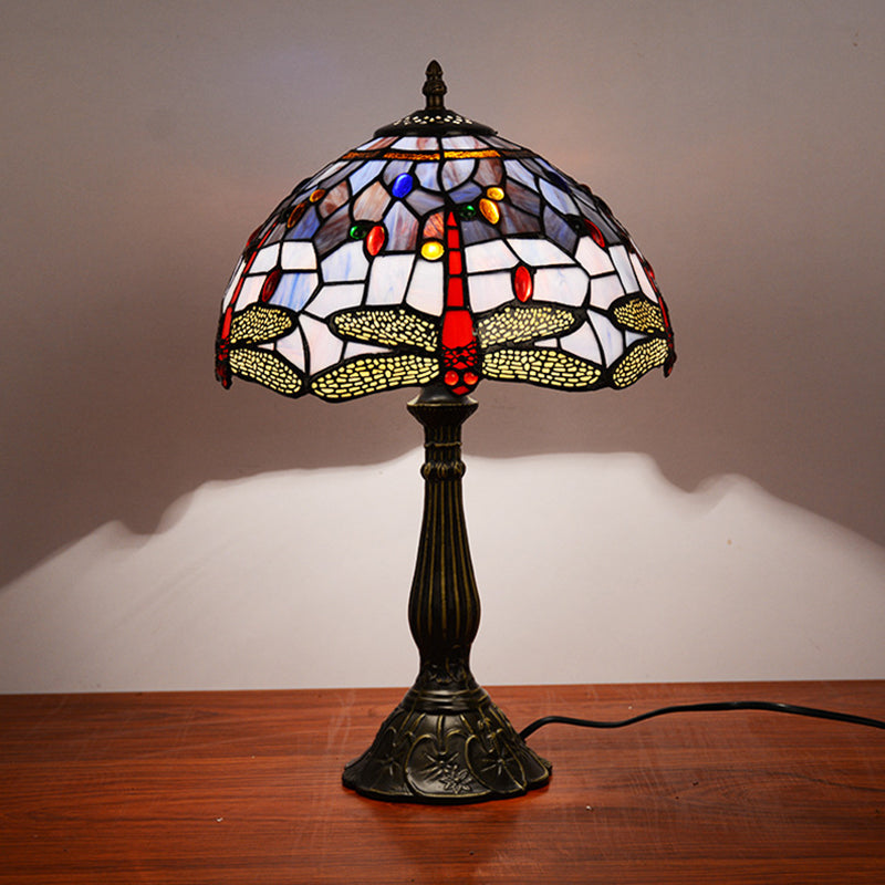 Dragonfly Table Light 1-Head Stained Art Glass Tiffany Night Lamp in White/Yellow/Orange for Living Room