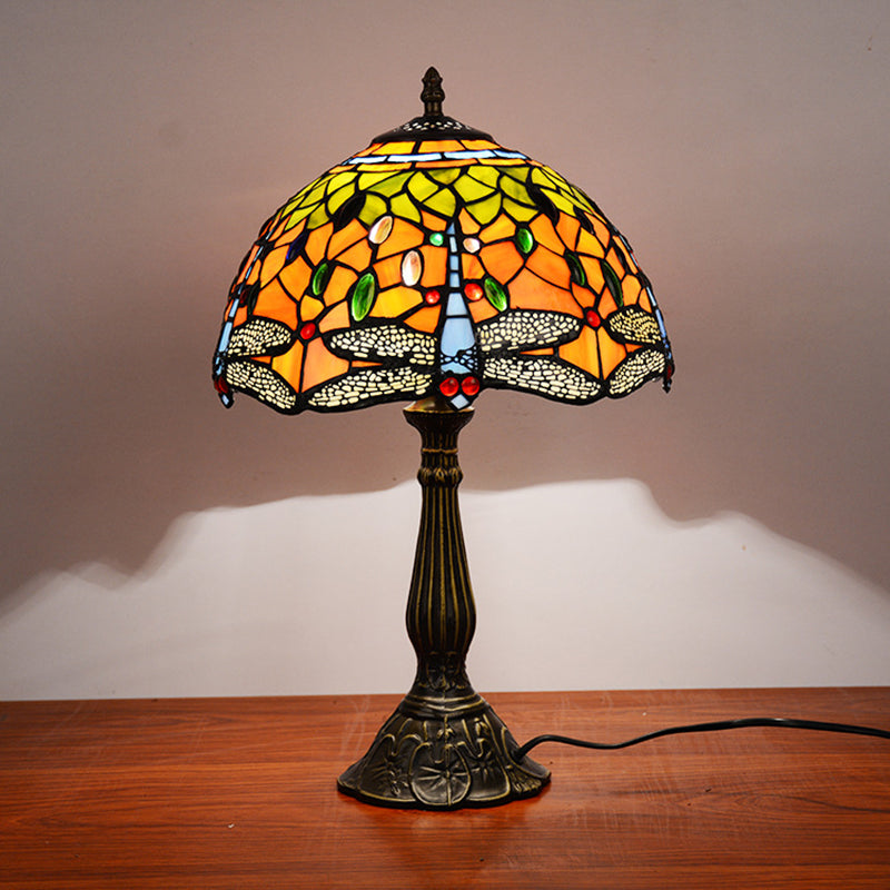 Dragonfly Table Light 1-Head Stained Art Glass Tiffany Night Lamp in White/Yellow/Orange for Living Room