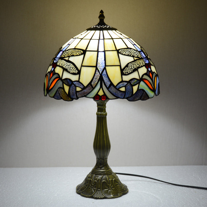 Hand-Cut Glass Bronze Night Light Dragonfly On Flower 1 Bulb Tiffany Table Lamp for Bedside