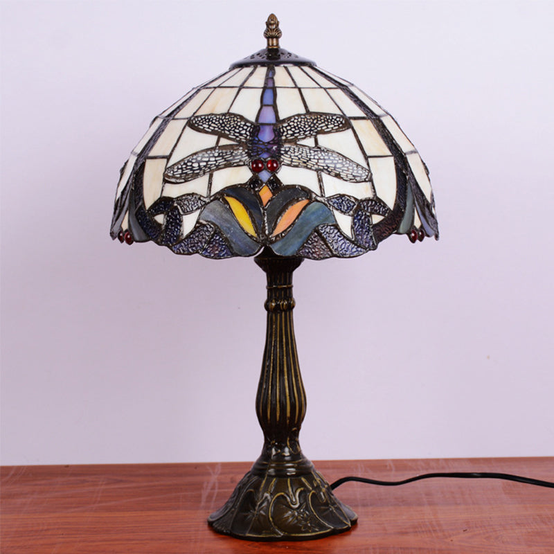 Hand-Cut Glass Bronze Night Light Dragonfly On Flower 1 Bulb Tiffany Table Lamp for Bedside