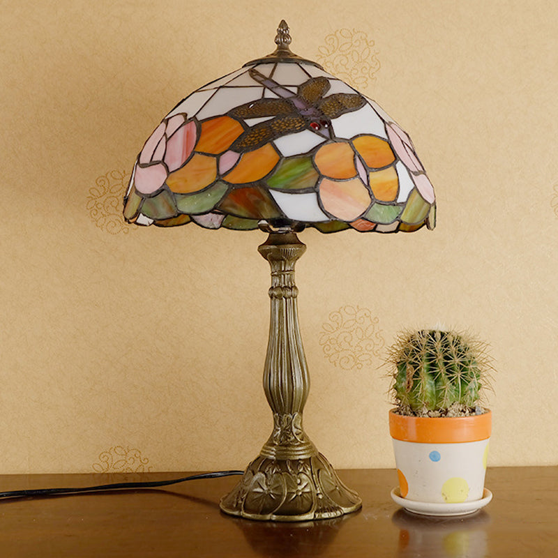 1-Light Nightstand Lamp Tiffany Dragonfly on Rose Orange/Pink/Beige Table Lighting with Bowl Shade