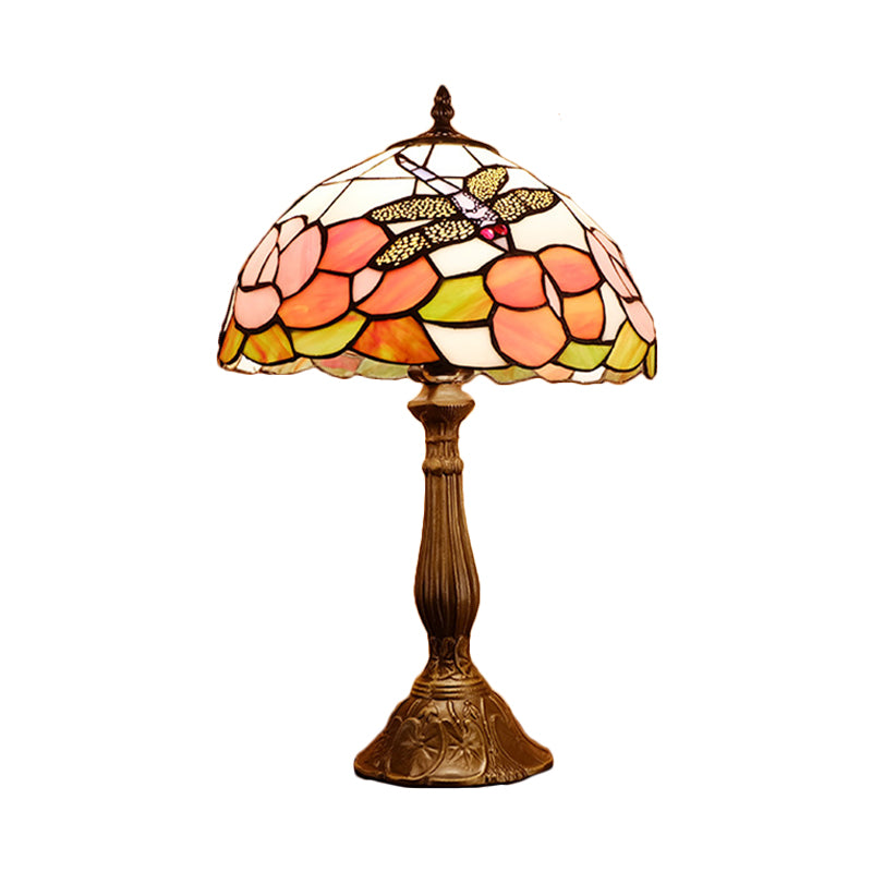 1-Light Nightstand Lamp Tiffany Dragonfly on Rose Orange/Pink/Beige Table Lighting with Bowl Shade