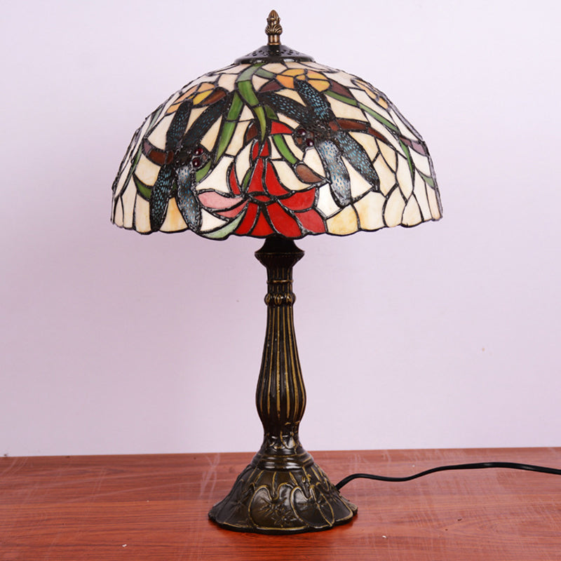 Dragonflies and Flower Table Light Tiffany Stained Glass 1 Head Bronze Nightstand Lamp