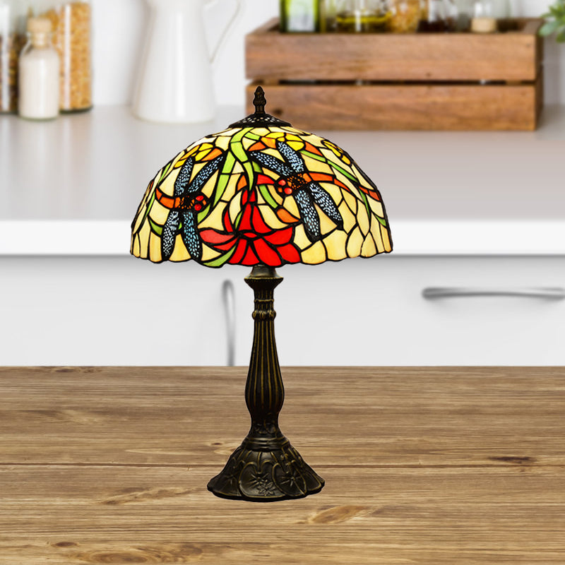 Dragonflies and Flower Table Light Tiffany Stained Glass 1 Head Bronze Nightstand Lamp