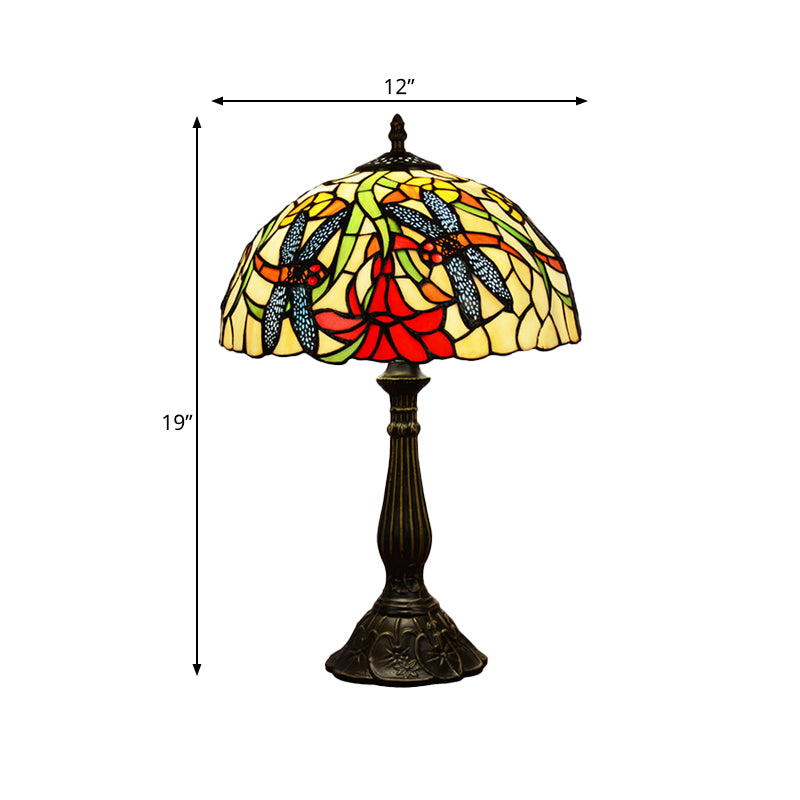 Dragonflies and Flower Table Light Tiffany Stained Glass 1 Head Bronze Nightstand Lamp