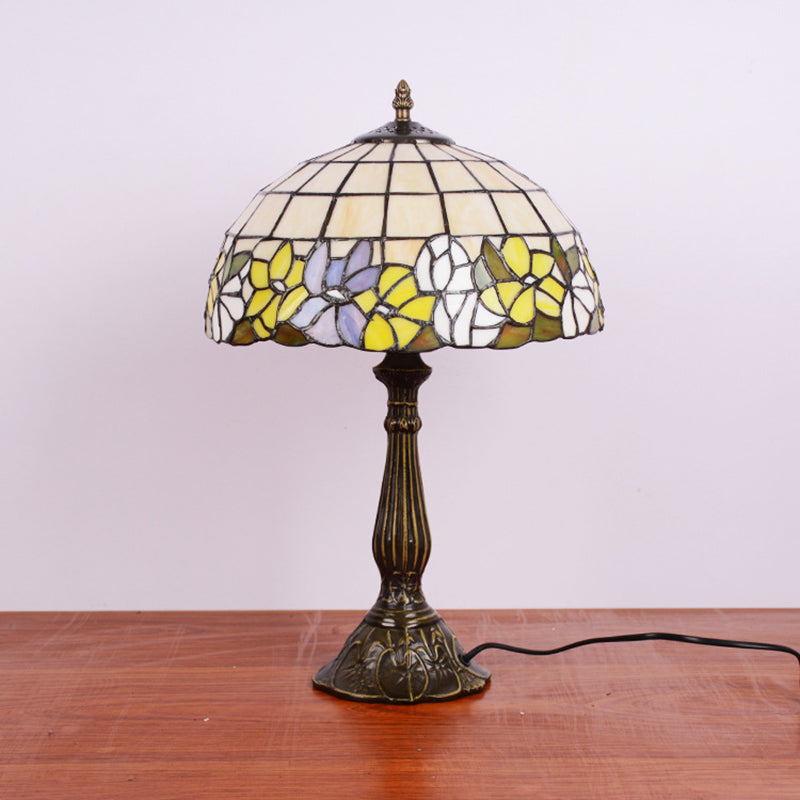 Bronze Gridded Bowl Shade Night Lamp Tiffany 1 Bulb Cut Glass Table Lighting with Flower-Border