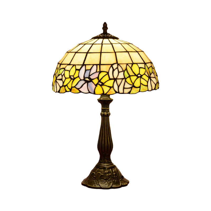 Bronze Gridded Bowl Shade Night Lamp Tiffany 1 Bulb Cut Glass Table Lighting with Flower-Border