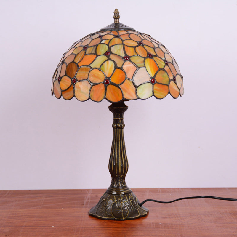 Single Living Room Table Lamp Baroque Bronze Night Light with Blossom Stained Glass Shade