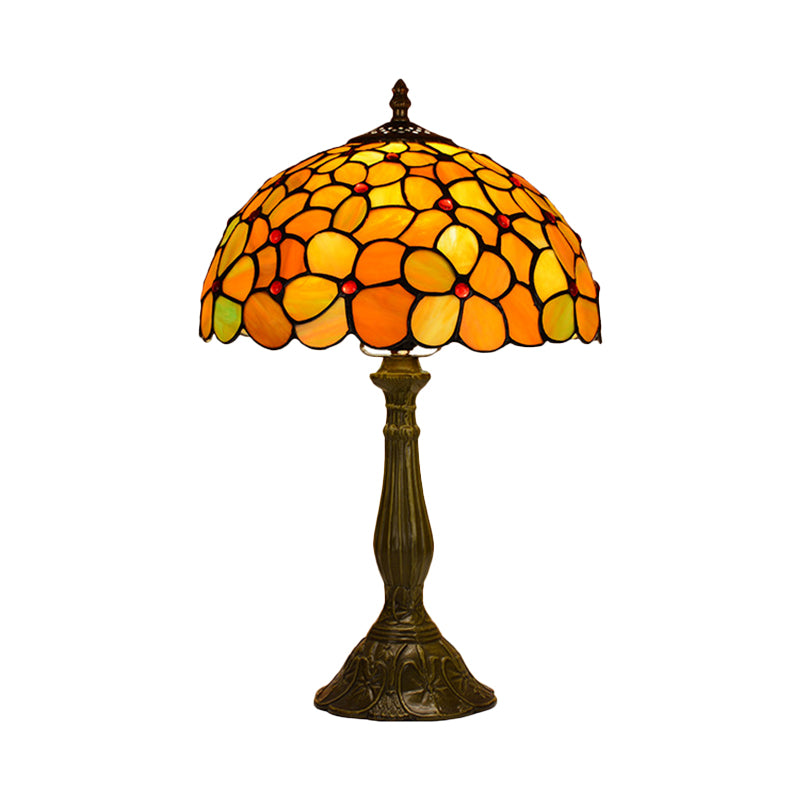 Single Living Room Table Lamp Baroque Bronze Night Light with Blossom Stained Glass Shade