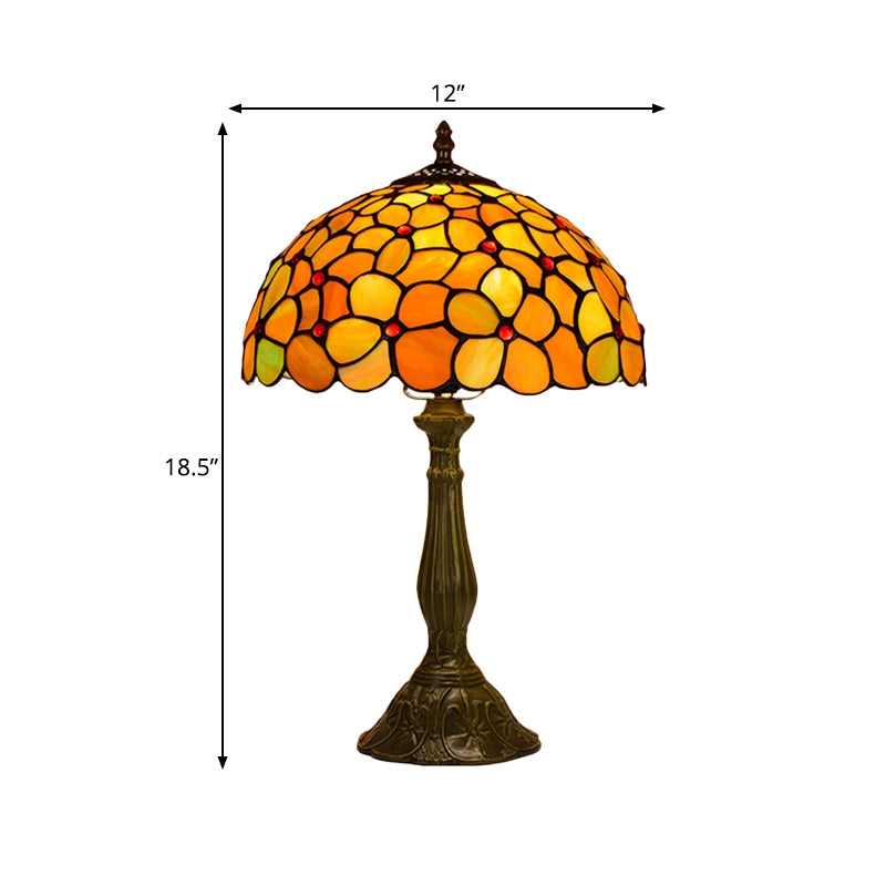 Single Living Room Table Lamp Baroque Bronze Night Light with Blossom Stained Glass Shade