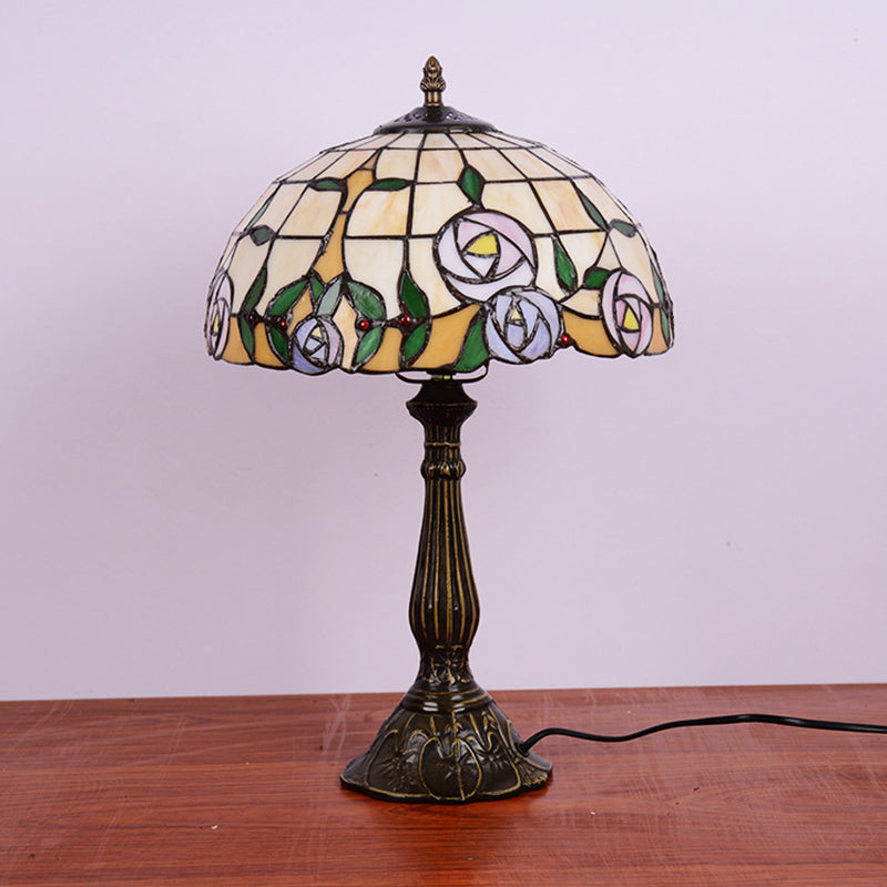 1-Head Bedside Nightstand Lamp Tiffany Bronze Table Light with Rose Patterned Grid Stained Glass Shade