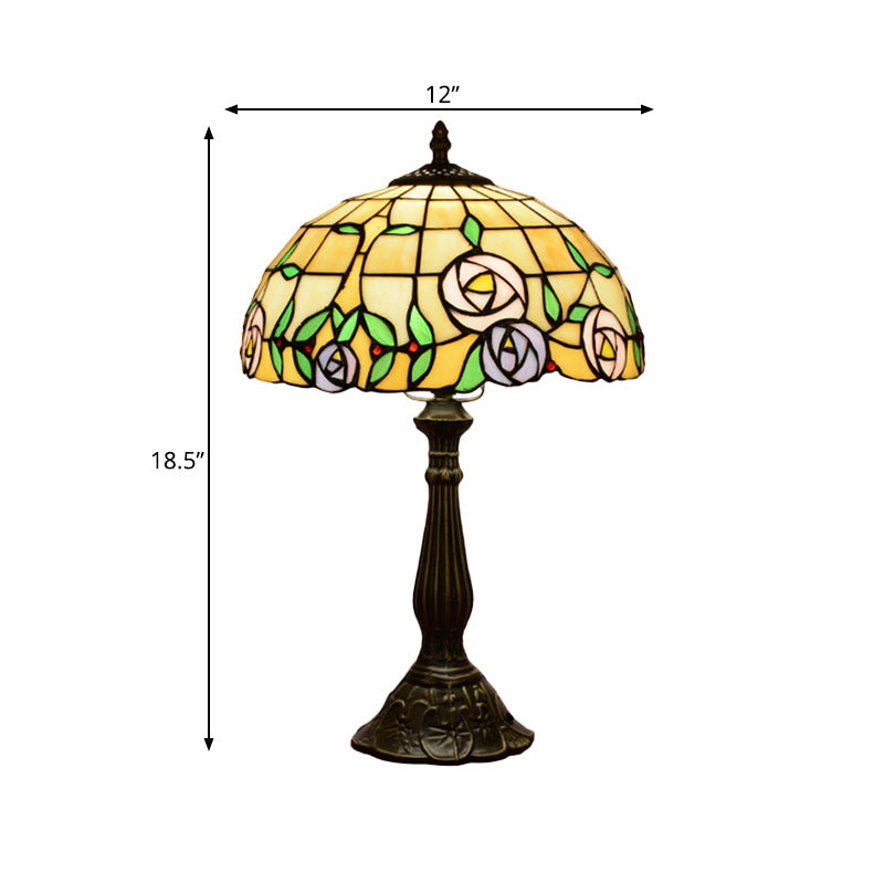 1-Head Bedside Nightstand Lamp Tiffany Bronze Table Light with Rose Patterned Grid Stained Glass Shade