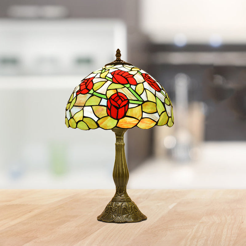 Rose Night Stand Light Tiffany Red/Orange Art Glass Single Bronze Finish Table Lamp for Living Room