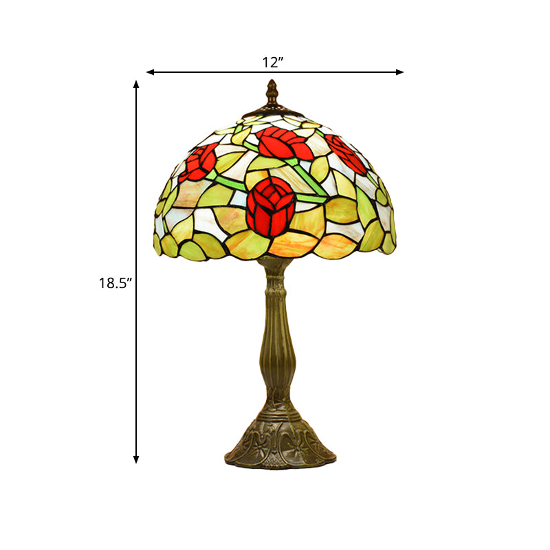 Rose Night Stand Light Tiffany Red/Orange Art Glass Single Bronze Finish Table Lamp for Living Room