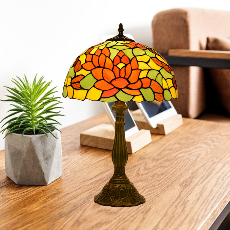 Rose Night Stand Light Tiffany Red/Orange Art Glass Single Bronze Finish Table Lamp for Living Room