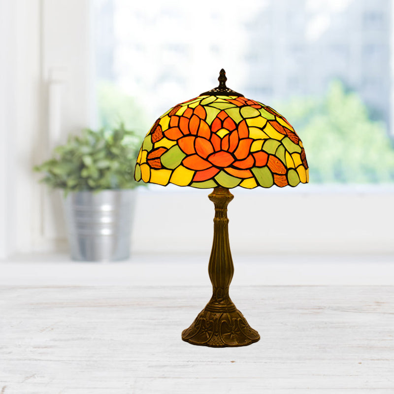 Rose Night Stand Light Tiffany Red/Orange Art Glass Single Bronze Finish Table Lamp for Living Room