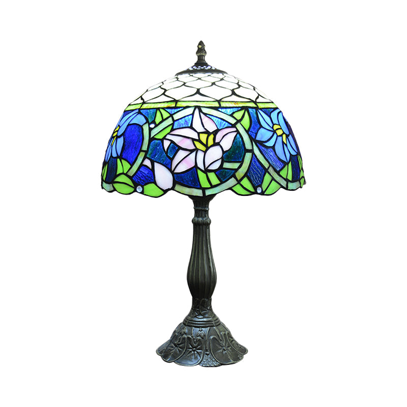 Daffodils Blue Glass Night Light Mediterranean 1-Light Bronze Table Lighting with Fishscale Element