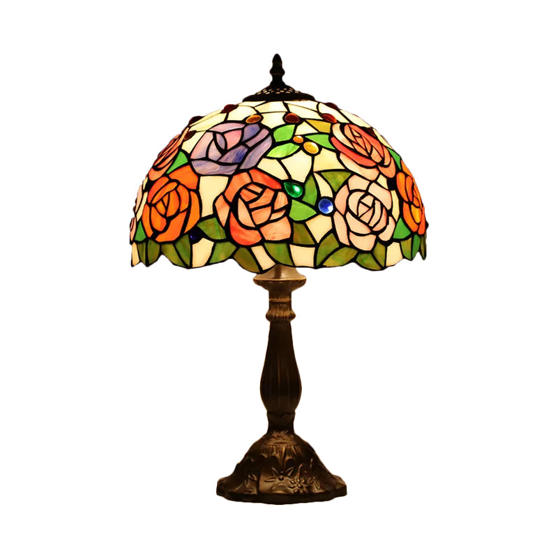 Bronze 1 Bulb Table Lighting Tiffany Rose Blossom Cut Glass Night Stand Lamp with Cabochons Gemstones