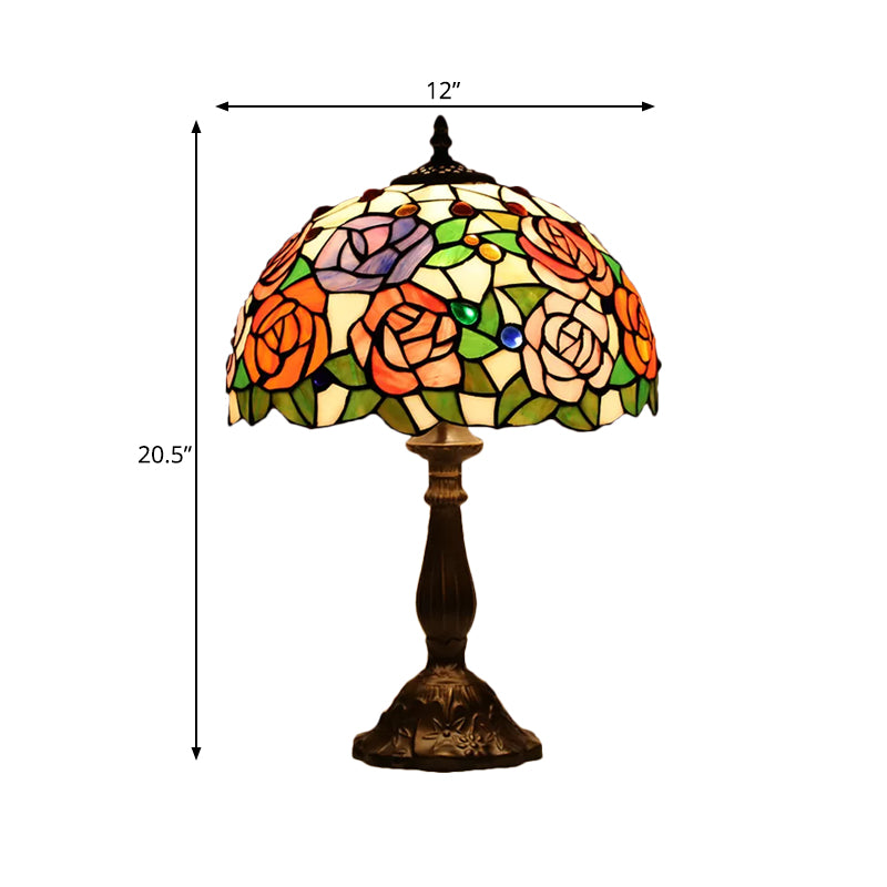 Bronze 1 Bulb Table Lighting Tiffany Rose Blossom Cut Glass Night Stand Lamp with Cabochons Gemstones