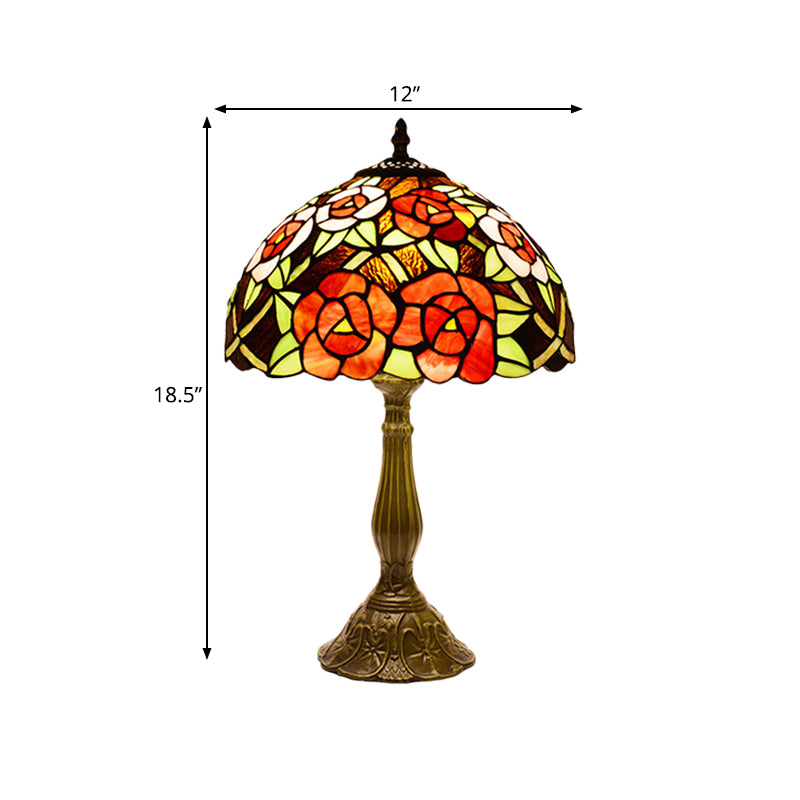 Victorian Style Flower Table Lamp 1 Head Red/Orange Stained Glass Nightstand Light for Bedroom