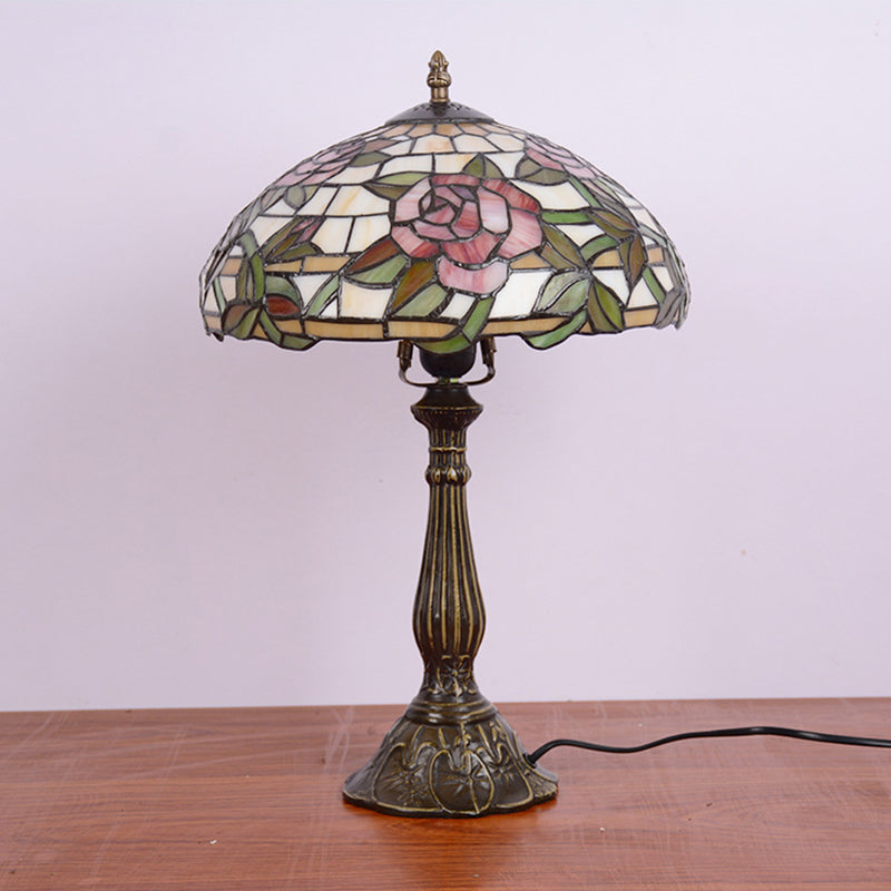 Single-Bulb Night Stand Lamp Tiffany Bowl Shade Stained Glass Table Lighting with Rose Pattern