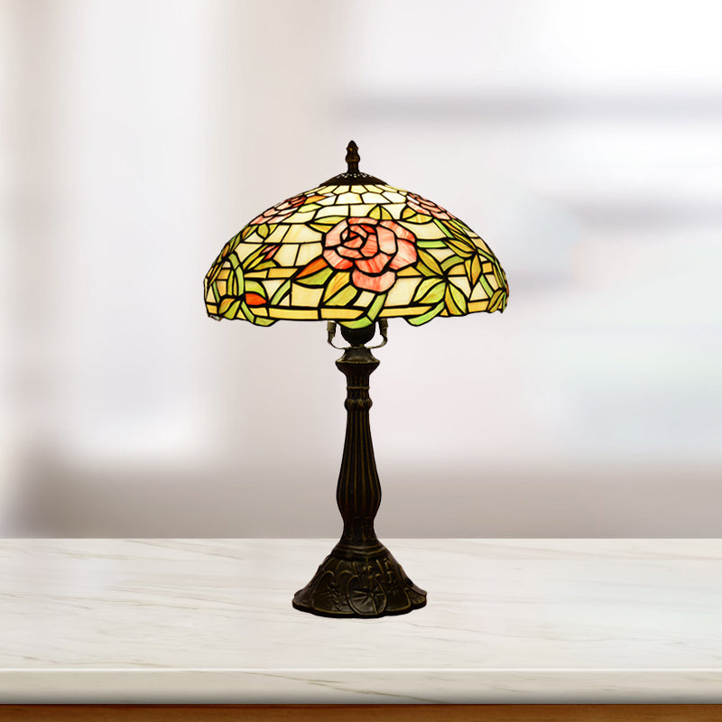 Single-Bulb Night Stand Lamp Tiffany Bowl Shade Stained Glass Table Lighting with Rose Pattern