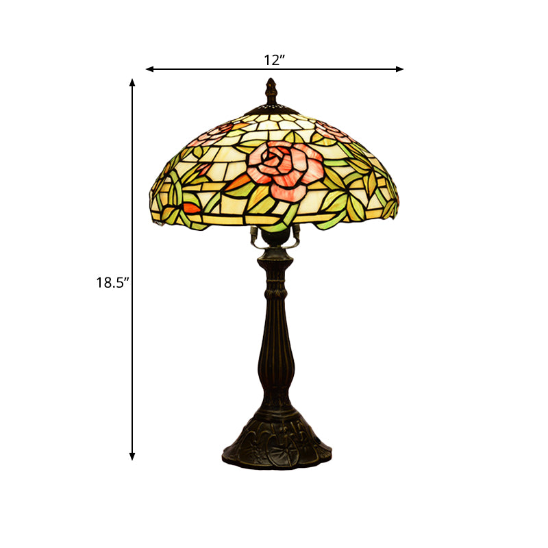 Single-Bulb Night Stand Lamp Tiffany Bowl Shade Stained Glass Table Lighting with Rose Pattern