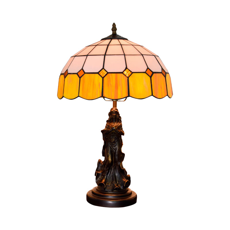 Resin Bronze Night Stand Light Angel Girl 1 Head Vintage Table Lamp with Orange and White Grid Glass Shade